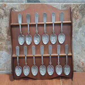 American Colonies 13 Original State Pewter Spoon Wooden Display Rack